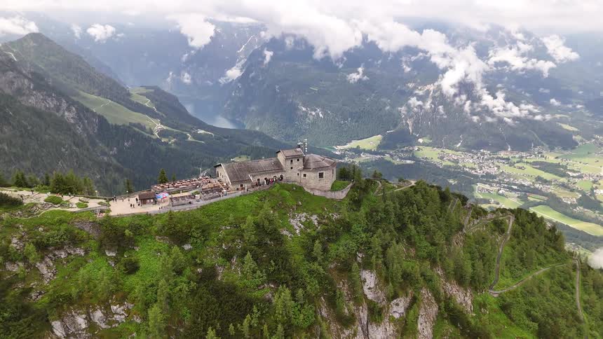 A castle is on top of the mountain