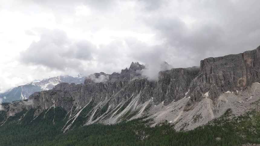 A forest is at the foot of the mountain range