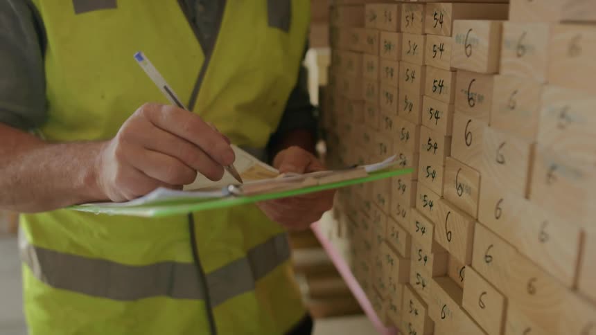 An employee discusses cuts of wood with a customer