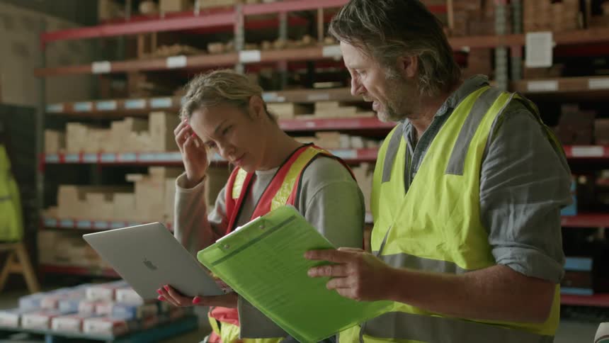 Man and a woman inside a warehouse with documents and a notebook talking to each other