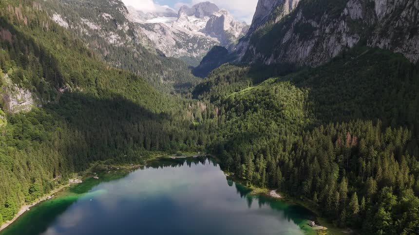 Lake surrounded by conifers in a mountainous valley