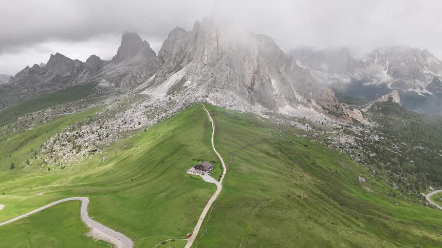 Aerial scenery of a mountain valley on a cloudy day