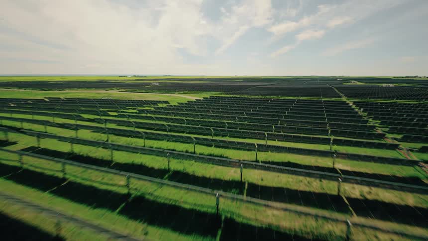 Moving quickly across a large solar farm built in a grassy field in summer
