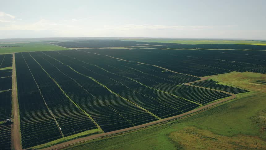 Grassland surrounds rows of solar panels at a solar farm on a clear day