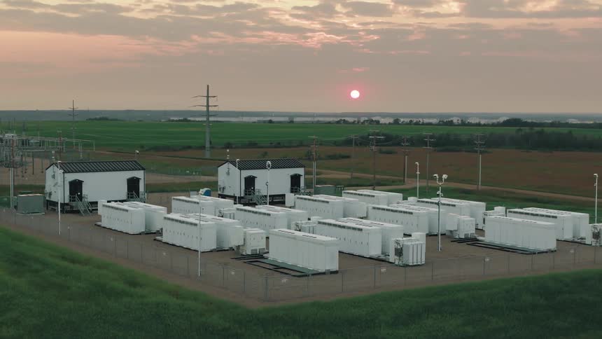 Aerial view of battery grid storage in the sunset