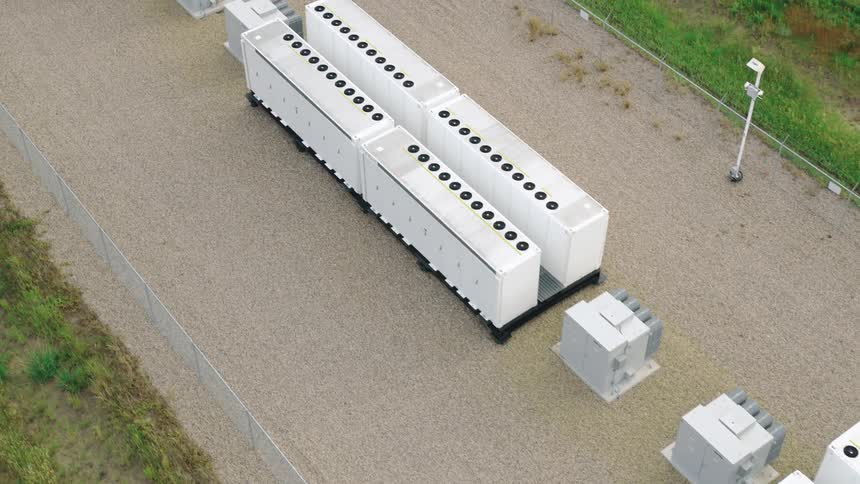 Top down detailed view of white grid storage batteries