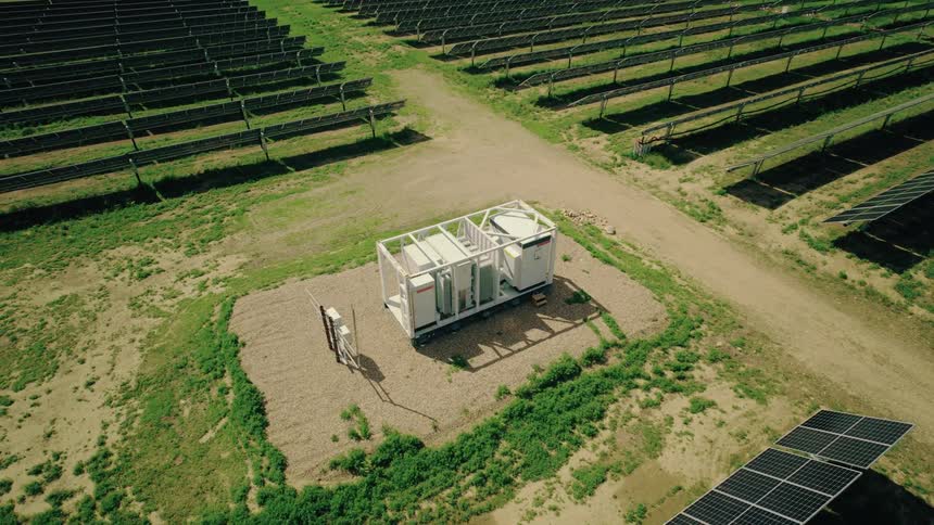 Aerial view of a solar farm transformer and electrical equipment