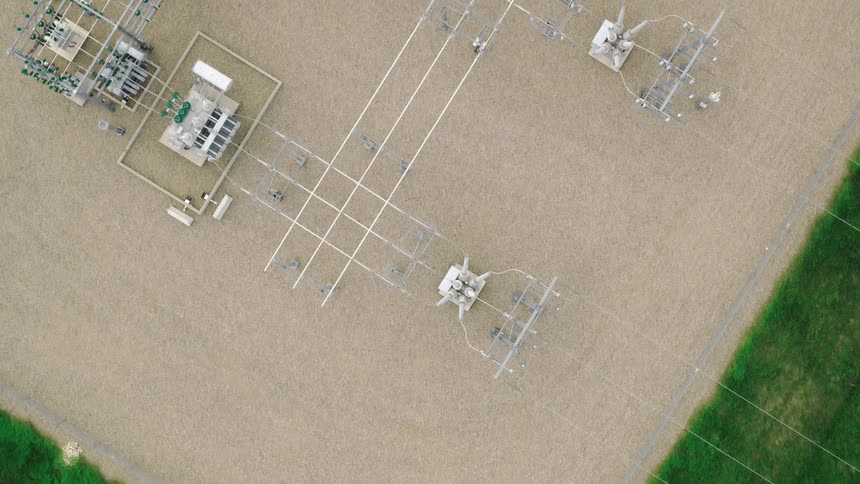 An aerial view of an electrical substation set in a lush green landscape