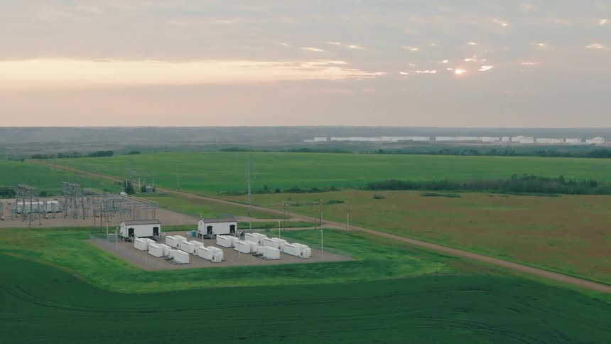 An aerial view of industrial batteries surrounded by green fields