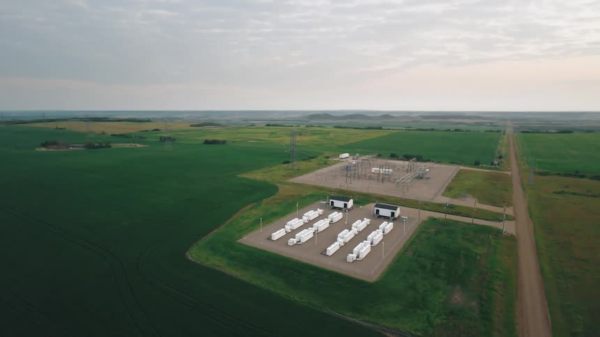 Gentle establishing aerial shot of a battery grid storage system
