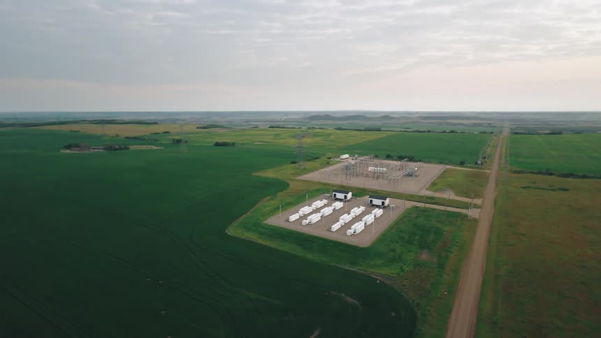 Aerial view of megapack battery grid storage system