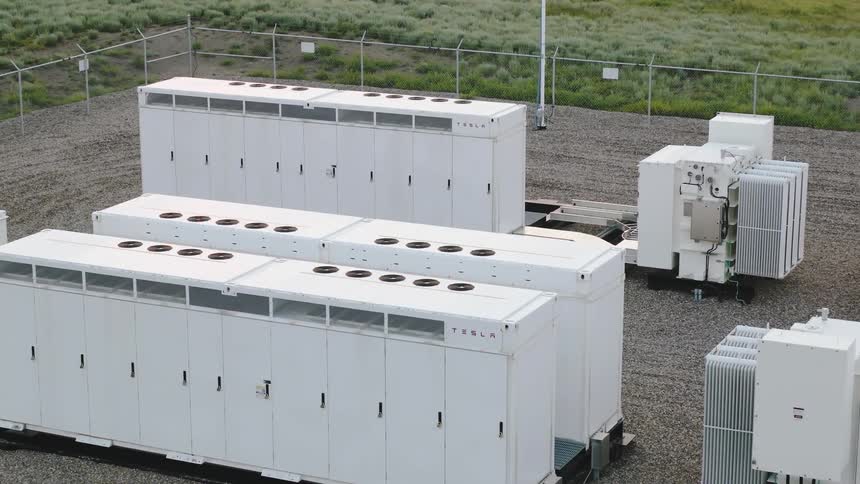 Detailed aerial of battery grid storage cabinets and equipment
