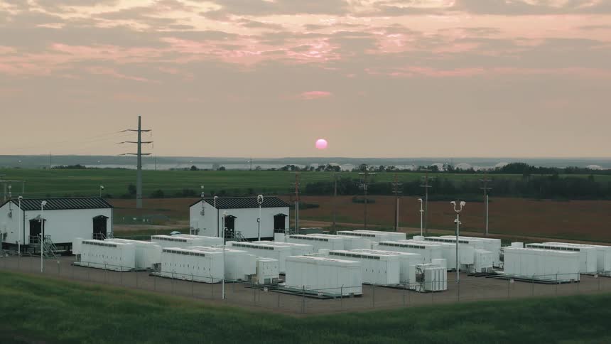 Aerial view of industrial batteries and the setting sun