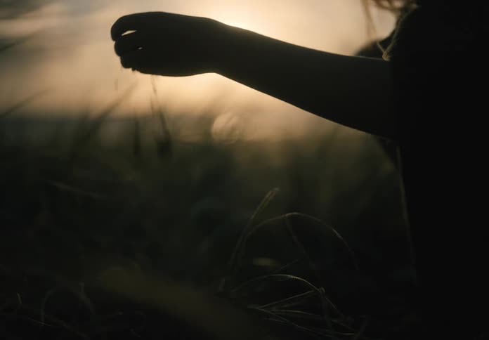 A silhouetted hand gently lets sand fall in a field at sunset