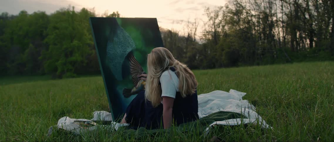 A woman sitting on a white blanket in a grassy field facing away from the camera painting on a large canvas
