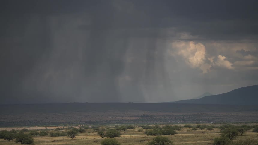 Desert landscape with the silhouette of mountains on the horizon on a rainy day with storm