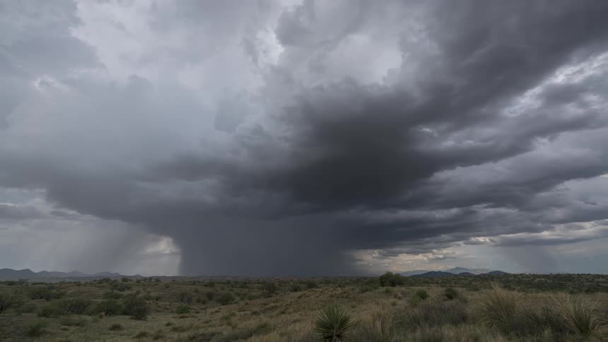 Timelapse footage captures distant rain falling from storm clouds over the desert landscape
