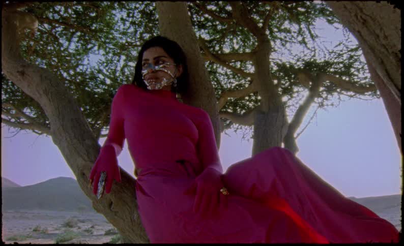 A woman her head adorned with a metallic mask sits on a desert tree while dressed in pink garments