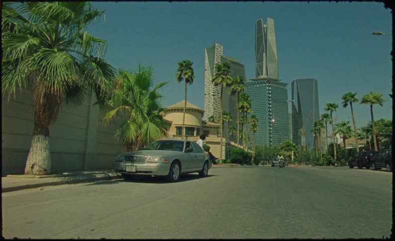 A person stands next to a car on a palm treelined street with modern skyscrapers in the background