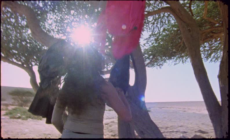 Woman below a tree with clothes hanging in a desert environment