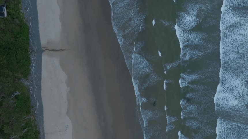 Aerial panorama of a beach with waves reaching the sand