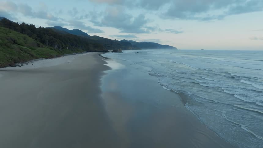 Aerial panorama of a beach with a rocky greenish coast