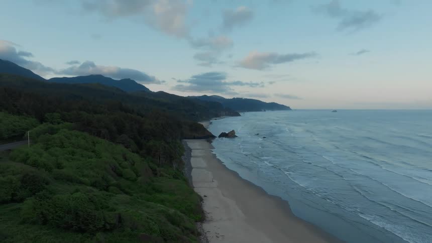 Aerial panorama of a beach with the wooded coastline on a morning