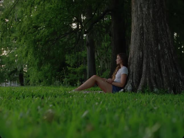 A young woman sitting beneath a large tree in a grassy area