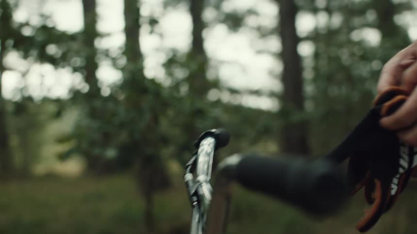 Pair of hands holding black gloves in front of a handlebar in an environment surrounded by trees