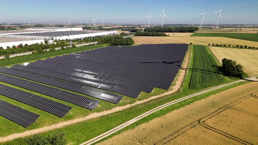 Solar panels and wind turbines in an open field