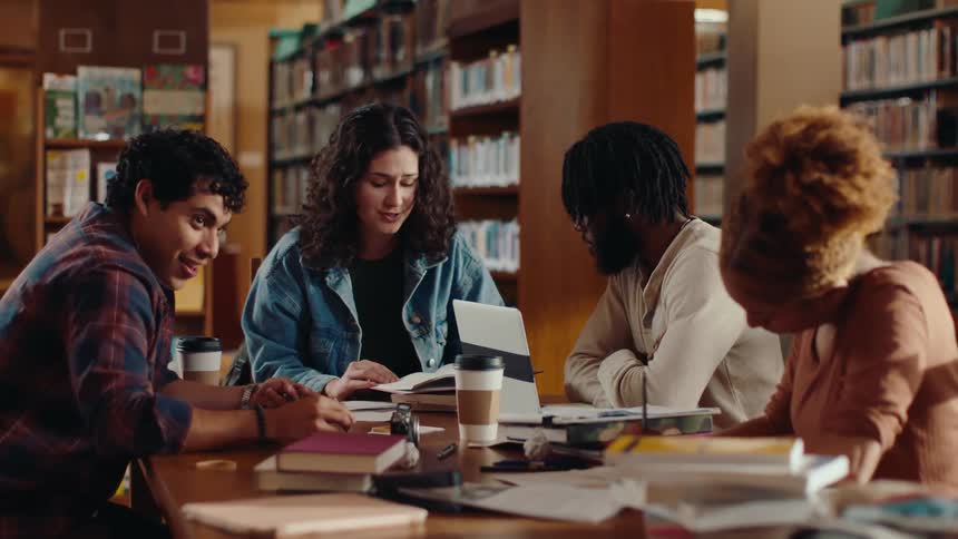 Four friends sitting at a table in a library studying writing and talking in a library