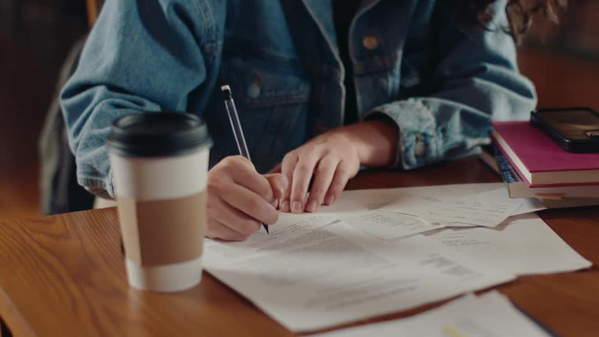 A woman is writing on a paper that is on a wooden table next to a disposable coffee cup in a library and she is sitting