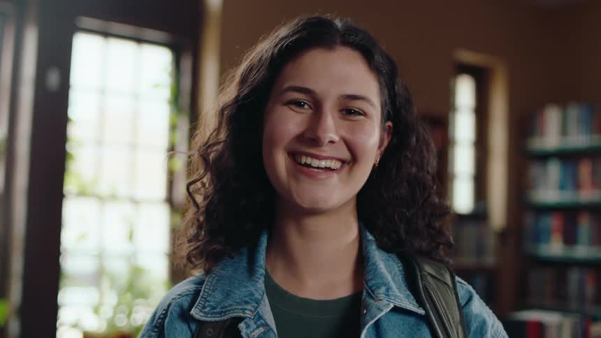 Portrait of a smiling female student with curly hair wearing a denim jacket in a library with a backpack and books