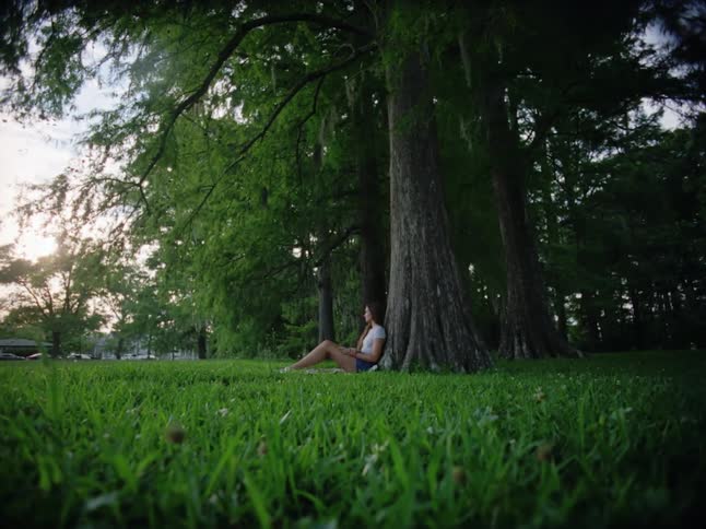 A woman sitting in the grass in a park under a tree with her back against its trunk