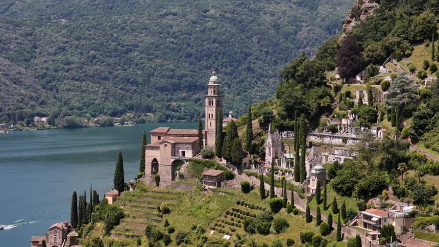 Aerial view of morcote lake lugano switzerland