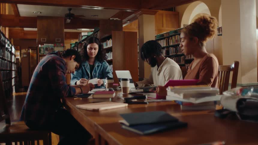 A group of young adults study and collaborate around a large table in a welllit library