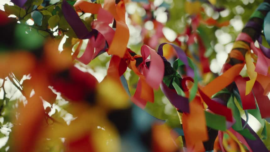 Ribbons are tied on the branches of the tree