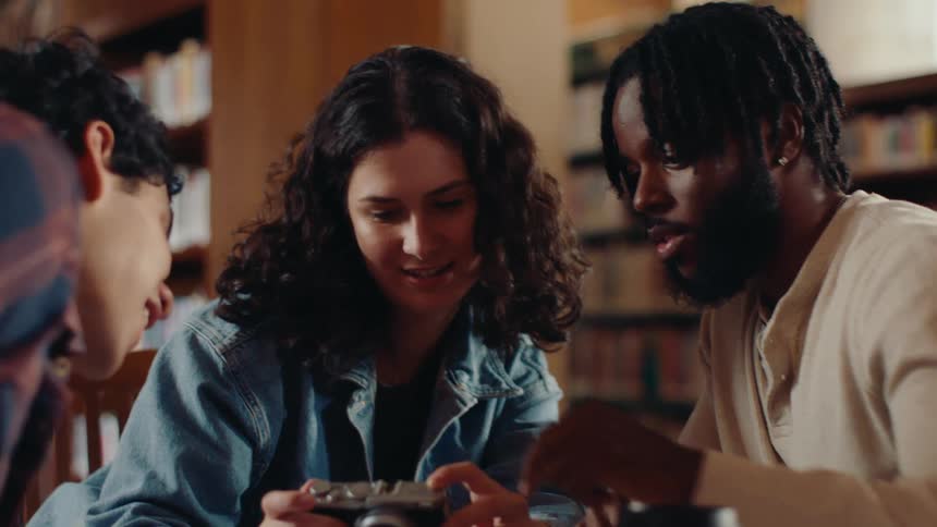 Friends sitting at a table in a library viewing a photograph on a vintage camera