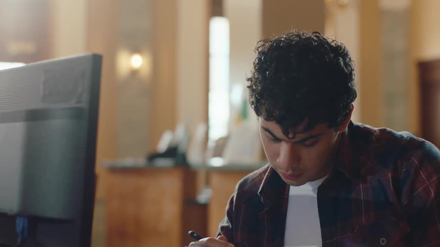 A male student in a library reads a paper and hands it off to another person