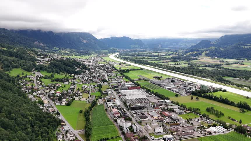 Aerial view of a suburban town on a valley