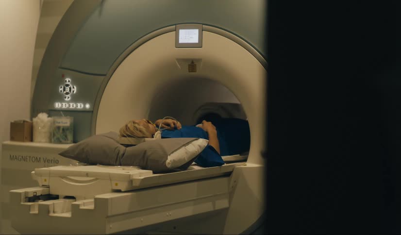 A lying woman wearing a blue outfit is entering an mri machine