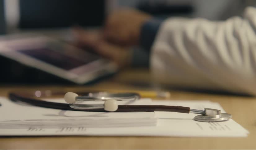 Closeup of a stethoscope on some papers on a table