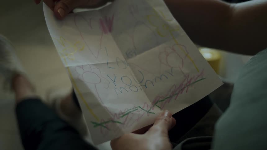 Woman unfolds a picture drawn on paper by a child for their mother