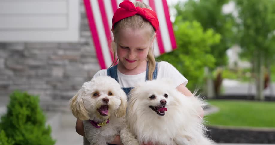 A young girl holding two white dogs against an american flag backdrop