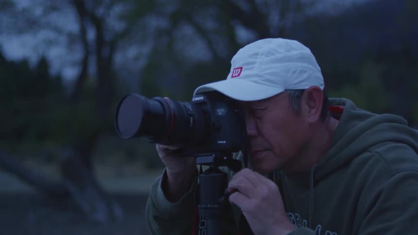 Concentrated photographer man adjusting his professional camera on a tripod in a natural environment