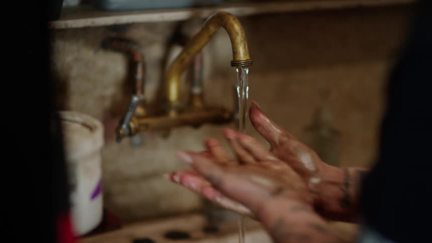 Pair of hands applying liquid soap and massaging in the sink