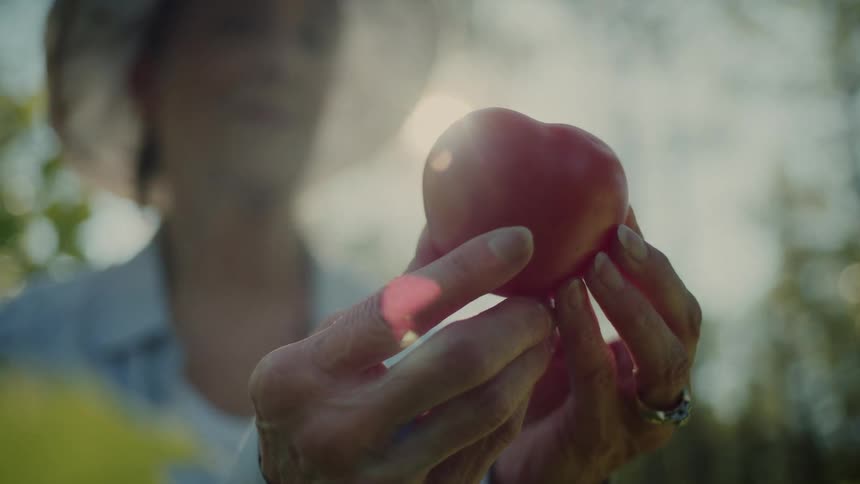 Woman stands outdoors on a sunny day and holds a red fruit