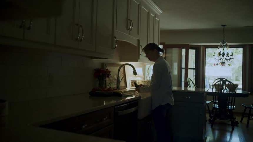 A woman works at a kitchen sink