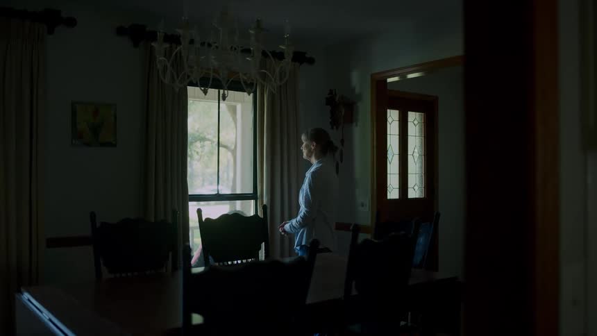 Woman stands staring out the window in her dining room at home