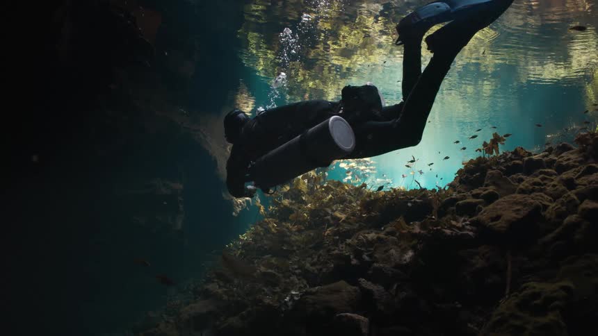Underwater scene with a diver equipped with fins diving cylinder and other equipment swimming close to the bottom where rocks and sea plants can be seen
